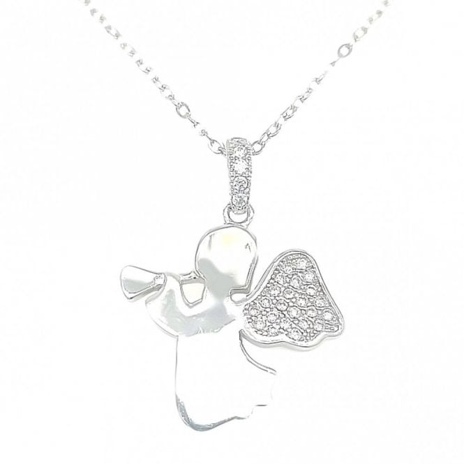 Faith Sterling Silver Sterling Silver Plain Angel with Trumpet & CZ Wings Necklace 23x18mm, 16-18