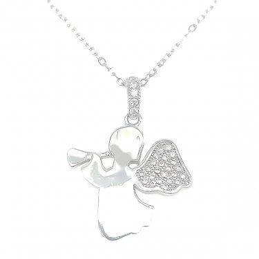 Sterling Silver Plain Angel with Trumpet & CZ Wings Necklace 23x18mm, 16-18"