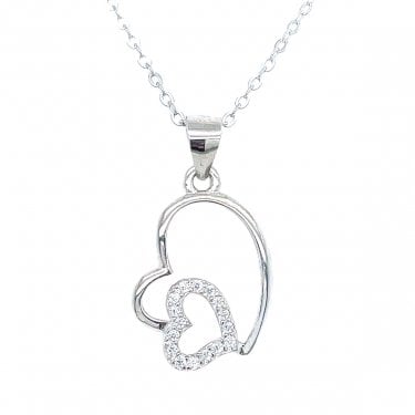 Sterling Silver Plain Angle Heart with CZ Inner Heart Necklace 16x13mm, 16-18"