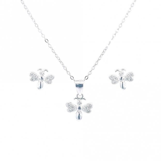 Faith Sterling Silver Sterling Silver Plain Body with CZ Wings Bee Necklace & Earrings Set 8x9mm, 9x10mm 16-18