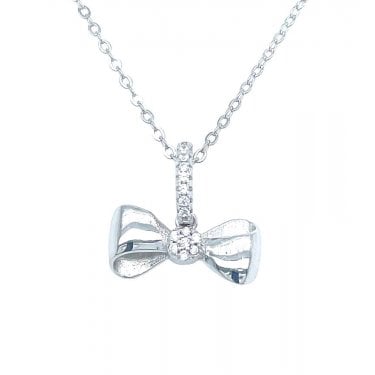 Sterling Silver Plain Bow with Centre Stone & CZ Bar Necklace 14x14mm, 16-18"
