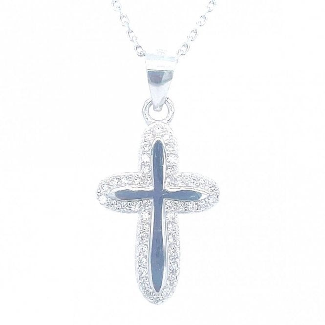 Faith Sterling Silver Sterling Silver Plain Centre with CZ Surround Cross Necklace 19x13mm, 16-18