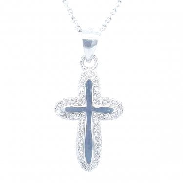 Sterling Silver Plain Centre with CZ Surround Cross Necklace 19x13mm, 16-18"
