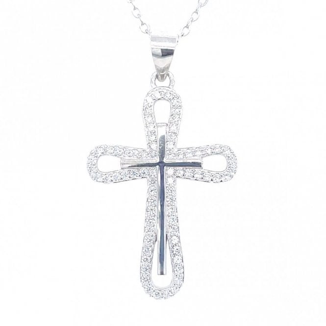 Faith Sterling Silver Sterling Silver Plain Centre with Rounded Edge CZ Halo Necklace 25x18mm, 16-18