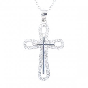 Sterling Silver Plain Centre with Rounded Edge CZ Halo Necklace 25x18mm, 16-18"