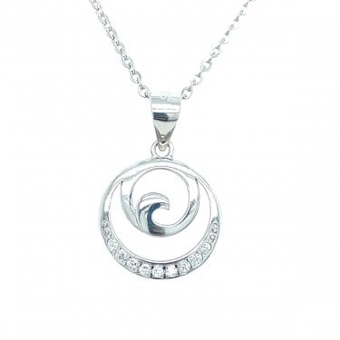 Sterling Silver Plain Circle Swirl with Part CZ Necklace 13mm, 16-18"
