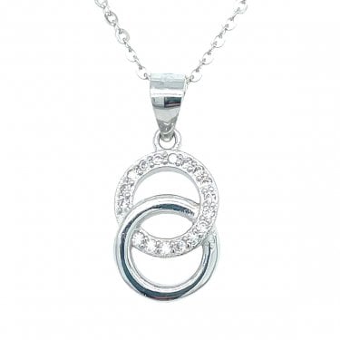 Sterling Silver Plain Circle with CZ Circle Drop Necklace 14x10mm, 16-18"