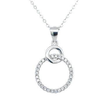 Sterling Silver Plain Circle with Entwined CZ Open Circle Necklace 17x14mm, 16-18"