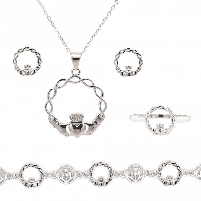 Faith Sterling Silver Sterling Silver Plain Claddagh with Celtic Knot Detail Necklace, Earrings, Bracelet & Ring Set 2 x 2cm, 16-18
