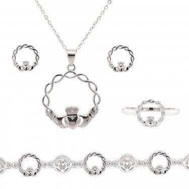 Sterling Silver Plain Claddagh with Celtic Knot Detail Necklace, Earrings, Bracelet & Ring Set 2 x 2cm, 16-18", 1 x 1cm, 1cm, 17.5-21cm