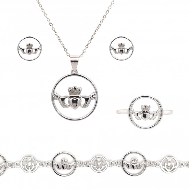 Faith Sterling Silver Sterling Silver Plain Claddagh within Circle Necklace, Earrings, Bracelet & Ring Set 1.9 x 1.9cm, 16-18