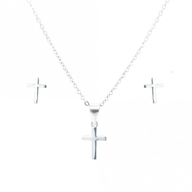 Faith Sterling Silver Sterling Silver Plain Cross Necklace & Earrings Set 8x6mm, 10x8mm, 16-18