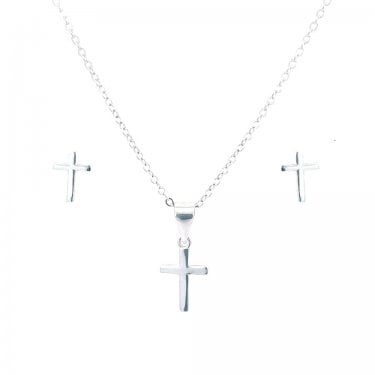 Sterling Silver Plain Cross Necklace & Earrings Set 8x6mm, 10x8mm, 16-18"