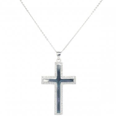 Sterling Silver Plain Cross with CZ Outline Necklace 3.5x2.4cm, 41.5cm + 2.5cm
