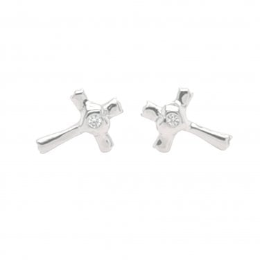 Sterling Silver Plain Cross with Single CZ Heart 6x9mm Stud Earrings