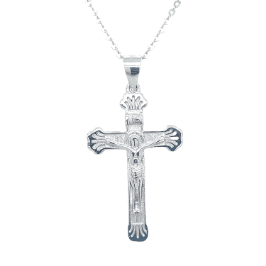 Sterling Silver Plain Crucifix with Fanned Edges Necklace 27x17mm, 16-18"