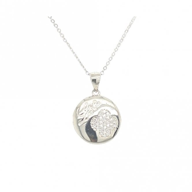 Faith Sterling Silver Sterling Silver Plain Disc with Love Script & Pave 4 Leaf Clover Necklace 17x15mm, 16-18
