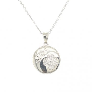 Sterling Silver Plain Disc with Love Script & Pave 4 Leaf Clover Necklace 17x15mm, 16-18"