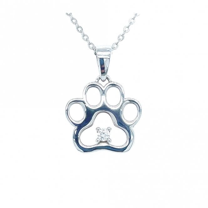 Faith Sterling Silver Sterling Silver Plain Dog Paw Outline with Single Stone Necklace 14x15mm, 16-18