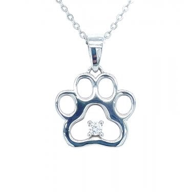 Sterling Silver Plain Dog Paw Outline with Single Stone Necklace 14x15mm, 16-18"