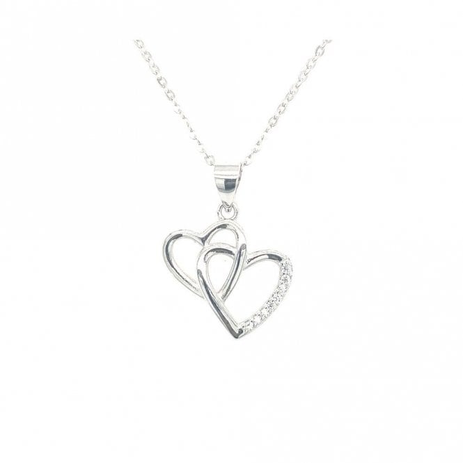 Faith Sterling Silver Sterling Silver Plain Double Entwined Heart with Part CZ Necklace 14x16mm, 16-18