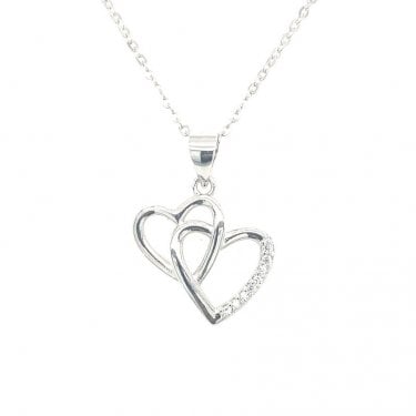 Sterling Silver Plain Double Entwined Heart with Part CZ Necklace 14x16mm, 16-18"