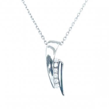 Sterling Silver Plain Double Pointed Drop with 6 CZ Centre Necklace 17x6mm, 16-18"