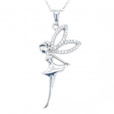 Sterling Silver Plain Fairy with CZ Open Wings Necklace 32x15mm, 16-18"
