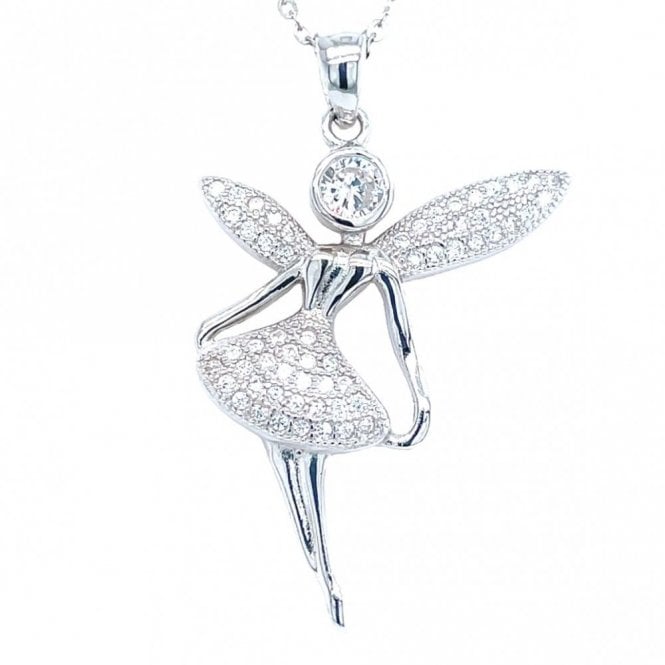 Faith Sterling Silver Sterling Silver Plain Fairy with CZ Pave Skirt & Wings Necklace 30x23mm, 16-18