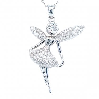 Sterling Silver Plain Fairy with CZ Pave Skirt & Wings Necklace 30x23mm, 16-18"