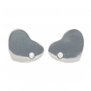 Sterling Silver Plain Flat Heart with Off-Centre CZ 11x9mm Stud Earrings