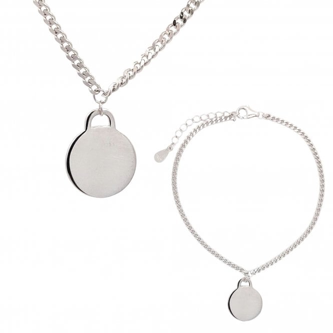 Faith Sterling Silver Sterling Silver Plain Hanging Disc Curb Link Necklace & Bracelet Set 1.2 x 1.6cm, 17cm + 3cm, 16-18