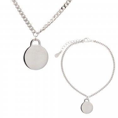 Sterling Silver Plain Hanging Disc Curb Link Necklace & Bracelet Set 1.2 x 1.6cm, 17cm + 3cm, 16-18"