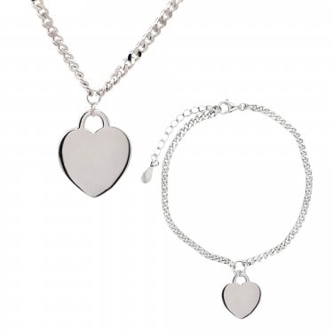Sterling Silver Plain Hanging Heart Curb Link Necklace & Bracelet Set 1.3 x 1.6cm, 16.5cm + 3cm, 16-18"