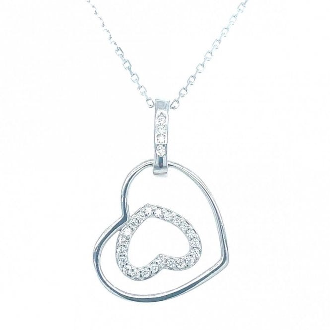 Faith Sterling Silver Sterling Silver Plain Hanging Heart with CZ Opposite Heart Inside Necklace 25x16mm, 16-18