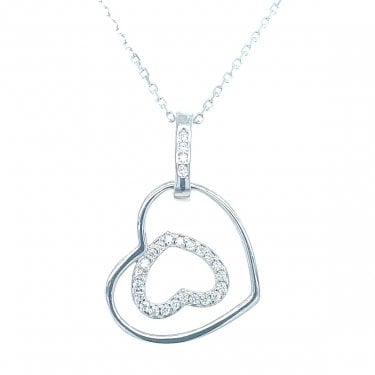 Sterling Silver Plain Hanging Heart with CZ Opposite Heart Inside Necklace 25x16mm, 16-18"