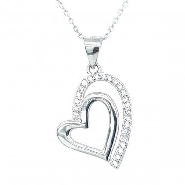 Sterling Silver Plain Hanging Heart with CZ Shadow Necklace 18x19mm, 16-18"