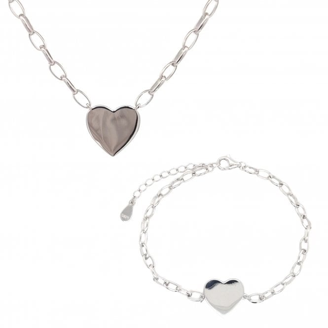 Faith Sterling Silver Sterling Silver Plain Heart Belcher Link Necklace & Bracelet Set 1.4 x 1.3cm, 17cm + 3cm, 16-18