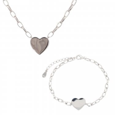 Sterling Silver Plain Heart Belcher Link Necklace & Bracelet Set 1.4 x 1.3cm, 17cm + 3cm, 16-18"