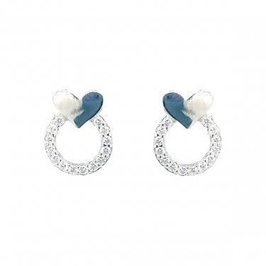 Sterling Silver Plain Heart Stud with Drop CZ Circle Outline Stud Earrings 10x8mm