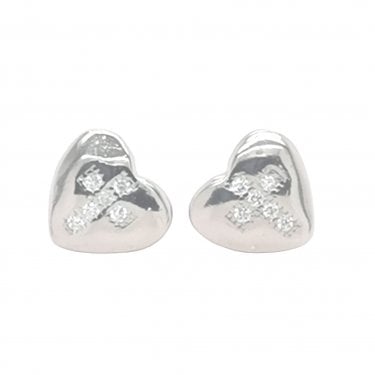 Sterling Silver Plain Heart with CZ Centre Cross 8x7mm Stud Earrings