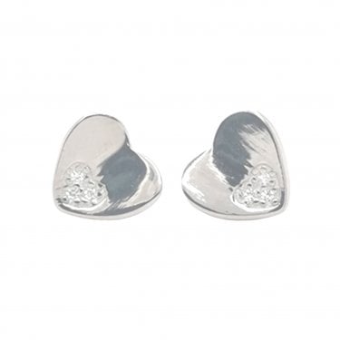 Sterling Silver Plain Heart with Inside Bottom Pave Heart Stud 9x7mm Earrings
