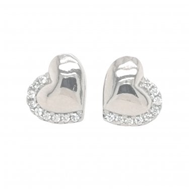 Sterling Silver Plain Heart with Outside CZ Edge 8x9mm Stud Earrings