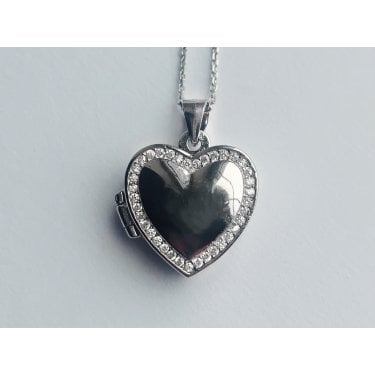 Sterling Silver Plain Heart with Stone Set Edge 16 x 16mm Locket & 18" Chain