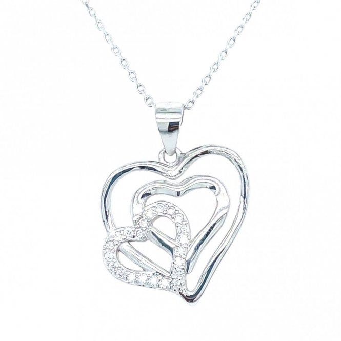Faith Sterling Silver Sterling Silver Plain Hearts with CZ Heart at Angle Necklace 18mm, 16-18