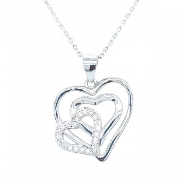 Sterling Silver Plain Hearts with CZ Heart at Angle Necklace 18mm, 16-18"
