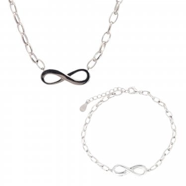 Sterling Silver Plain Infinity Belcher Link Necklace & Bracelet Set 2.2 x 0.7cm, 17cm + 3cm, 16-18"