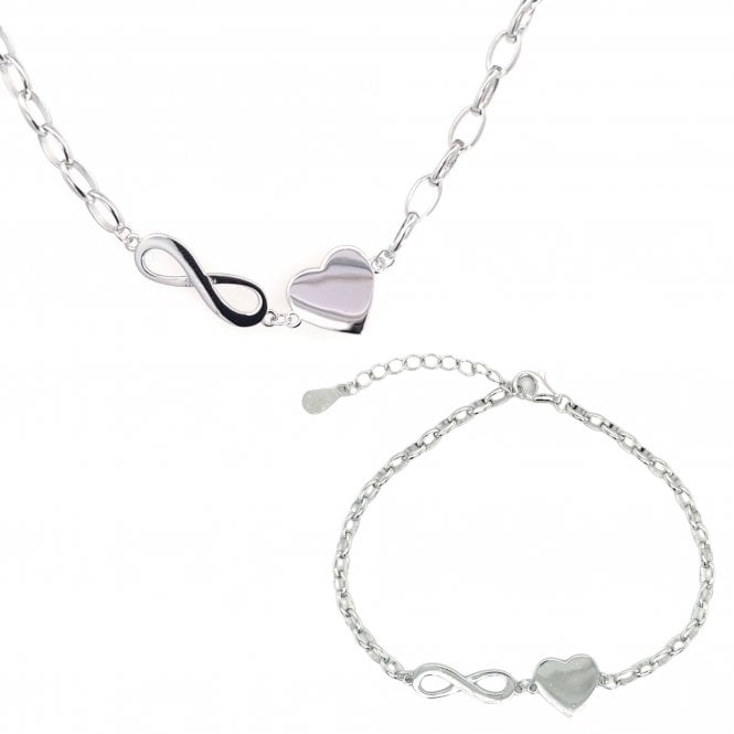 Faith Sterling Silver Sterling Silver Plain Infinity & Heart Belcher Link Necklace & Bracelet Set 1.7 x 0.5cm, 1 x 1cm, 17cm + 3cm, 16-18