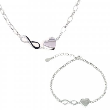 Sterling Silver Plain Infinity & Heart Belcher Link Necklace & Bracelet Set 1.7 x 0.5cm, 1 x 1cm, 17cm + 3cm, 16-18"