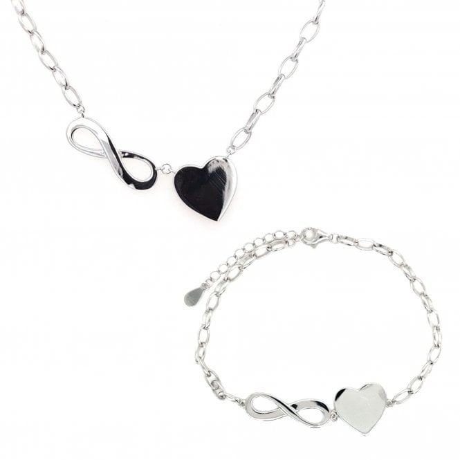 Faith Sterling Silver Sterling Silver Plain Large Infinity & Heart Belcher Link Necklace & Bracelet Set 2.2 x 0.7cm, 1.4 x 1.3cm, 17cm + 3cm, 16-18